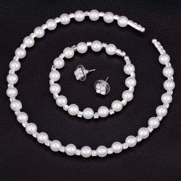Wedding Bridal Jewelry Set Pearl Party Prom Silver Color - Picture 3 of 5